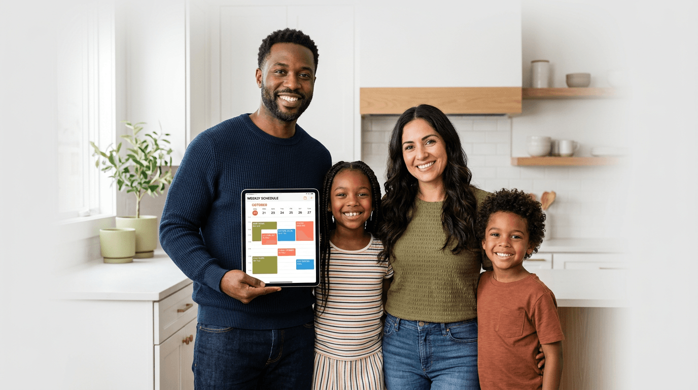 A happy family holding a tablet showing the Famli calendar app