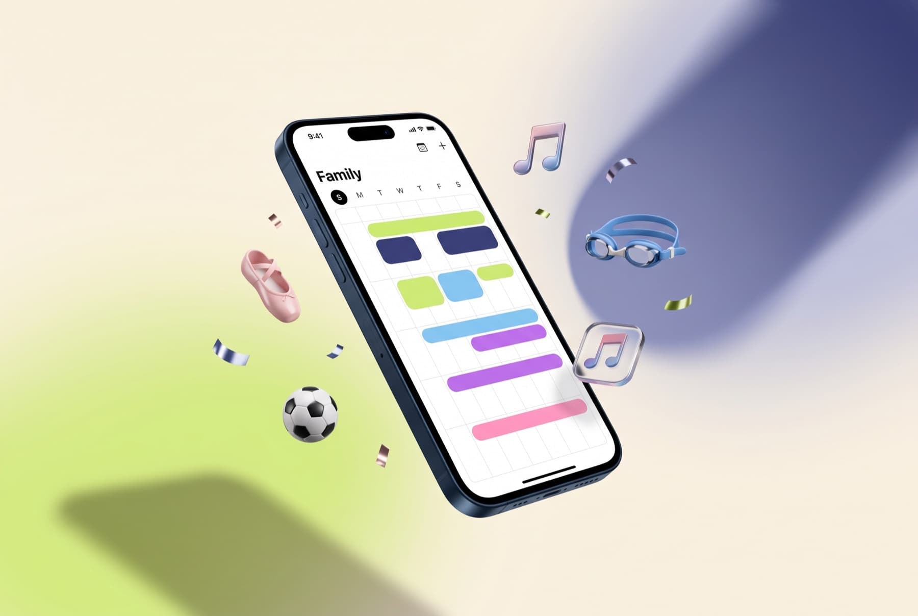 The Famli family calendar showing a colorful week of kids' activities